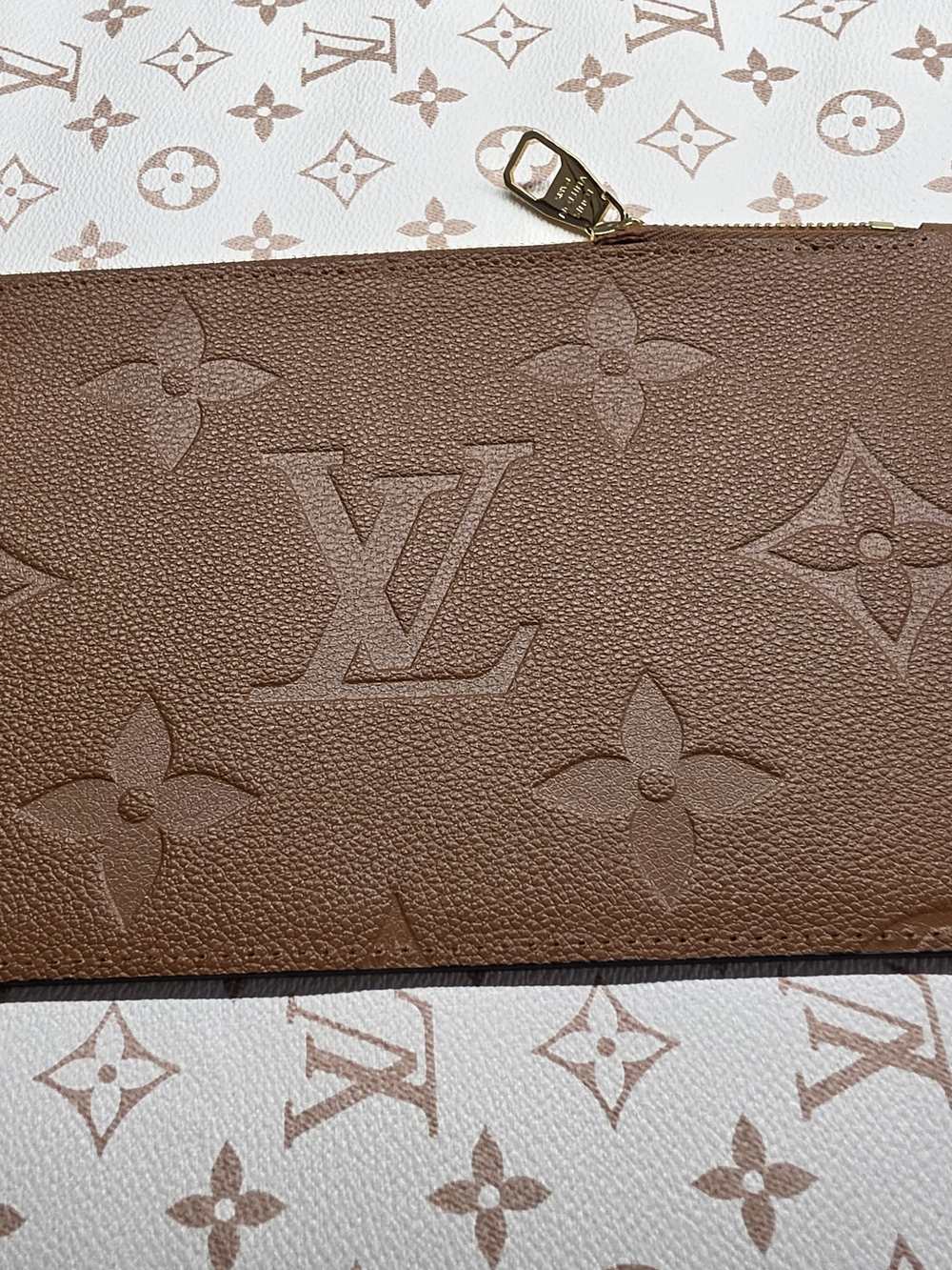 Louis Vuitton Neverfull Brown Monogram Embossed Leather Pouch